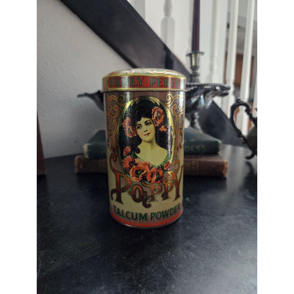 Daher Poppy Talcum Powder Tin 6" Made in England Victorian Art Nouveau Style